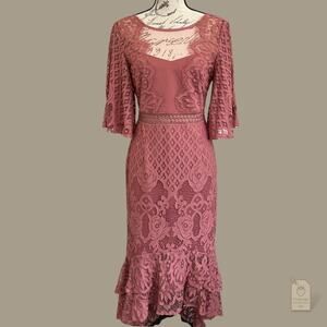 Lace Midi Dress | Mauve Pink Sheer Flutter Sleeves | Cocktail, Wedding Guest